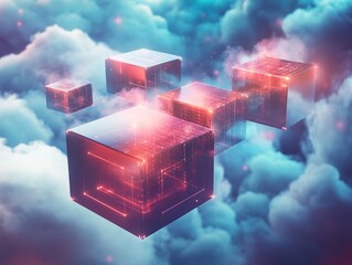 Fototapete - Surreal digital landscape with floating cubes amidst ethereal cloud formations