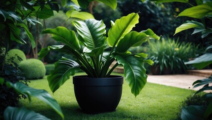 Aufkleber - Garden scene featuring Anthurium hookeri in a decorative pot with vibrant foliage