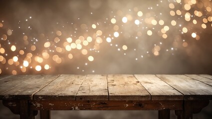 Poster - rustic wooden tabletop in front of luminous bokeh lights