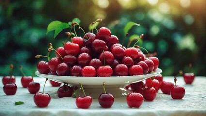 Poster - Juicy red cherries displayed on a table as part of a still life, highlighting seasonal harvest of fresh, organic berries outdoors.