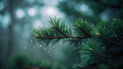 Poster - Detailed view of a fluffy spruce branch against a soft, out-of-focus background, suitable for holiday decoration