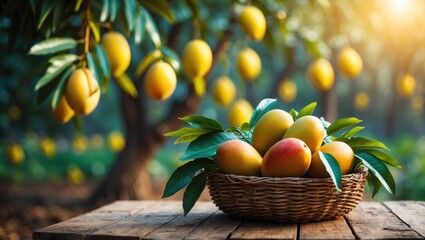 Poster - Organic mango harvest in basket with leaves on wooden table amidst farm trees and sunlight
