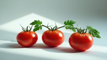 Poster - Organic small round tomatoes with green stems on white backdrop