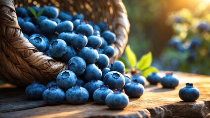Poster - Fresh blueberries in a basket on a wooden table with a blurred summer background