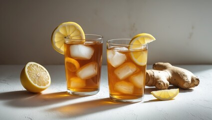 Aufkleber - Iced ginger tea with fresh lemon and honey in glasses for a refreshing drink