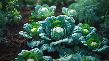 Poster - Growing fresh cabbage plants in a natural garden setting for sustainable agriculture