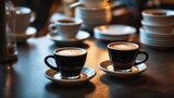 Several mugs of black coffee set on a table.