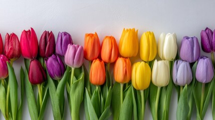 Leinwandbilder - A cheerful row of multicolored tulips is carefully arranged on a pristine white background under soft natural light, creating a bright and inviting composition
