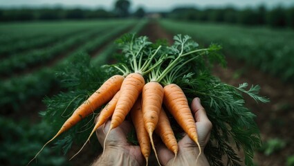 Poster - Woman farmer showcasing organic carrots in a natural countryside setting