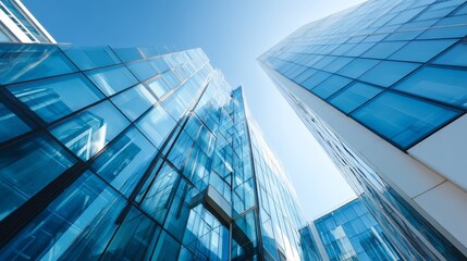 Poster - Cluster of modern glass towers with clean lines isolated against a blue sky highlights contemporary urban architecture with ample copy space for text