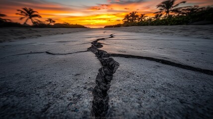 Poster - Road with a large crack in it. The sky is orange and the sun is setting. Scene is somber and desolate