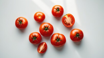 Poster - Close-up of Juicy Ripe Tomatoes and Cherry Vegetables on White Studio Background, Top Perspective