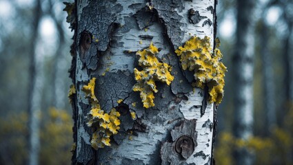 Poster - detailed view of birch tree trunk with lichen on its bark, showcasing organic design and rough surfa
