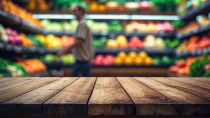 Poster - Wooden surface with a blurry grocery store background and retail ambiance