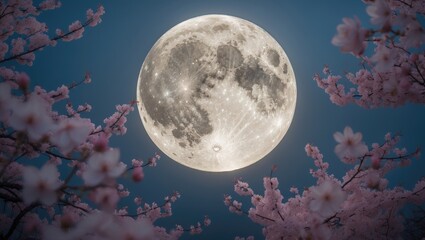 Poster - Springtime blossoms beneath the full moon light