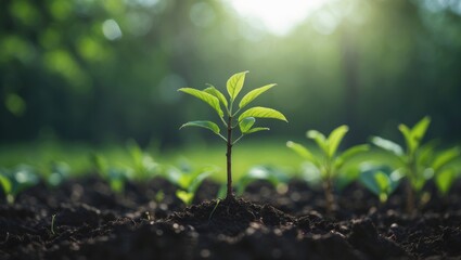 Poster - Small saplings with vibrant green foliage illustrating eco-friendly plant development and earth day theme