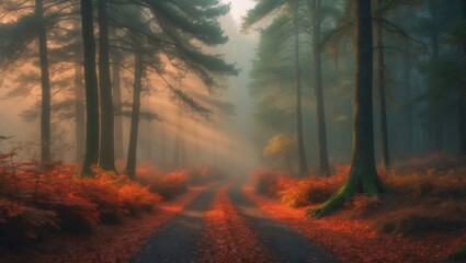 Poster - A tranquil pathway meanders through lush woodlands, where towering trees and misty surroundings highlight the serenity of an autumn forest scene.