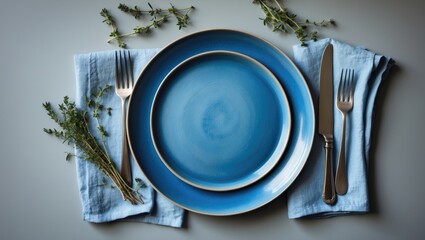 Poster - Ceramic blue plate arranged with linen napkin, knife, and fork for a dinner setting viewed from above in a vintage kitchen style