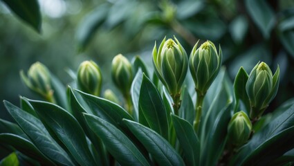Poster - Nature scene featuring a flower bud and green leaves on an ornamental shrub in a park