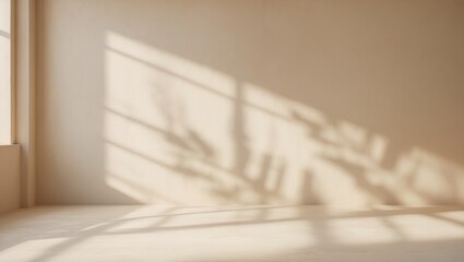 Poster - Empty beige room backdrop featuring leaf shadows for product presentation