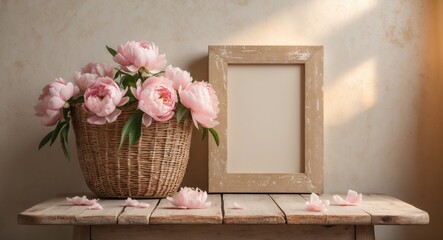 Poster - Beige blank wooden frame mockup. Artistic still life scene with pink peony flowers in a straw basket on a table. Empty space for content, rustic design.