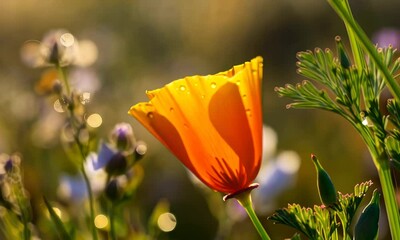 Wall Mural - close-up of vibrant orange poppy flower with dewdrops in field, captured warm sunlight