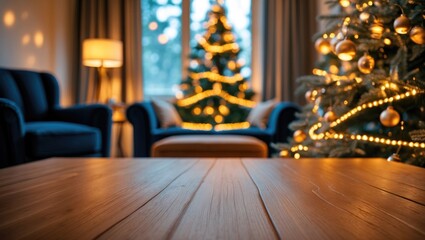 Poster - Wooden tabletop featuring cozy Christmas decorations and a softly blurred living room backdrop for product advertising