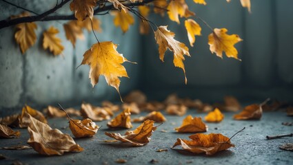 Poster - Delicate dry leaves with golden hues against a scenic background of nature and forest