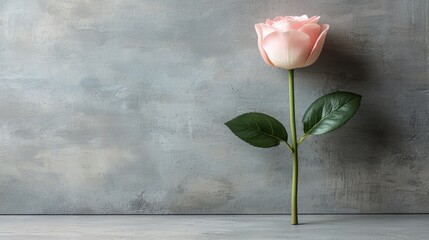 Poster - Single pink rose is standing on a grey wall. The rose is the only thing in the image, and it is the main focus. The grey wall provides a neutral background that allows the rose to stand out