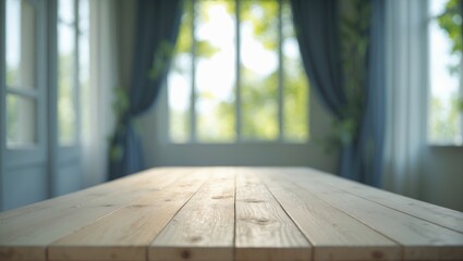 Poster - Empty wooden table surface with a blurred background of a window showing greenery and garden scenery