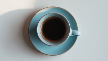 Poster - Closeup of a blue mug filled with coffee from above, isolated on white background