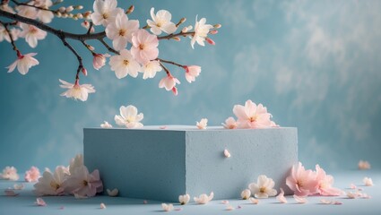 Aufkleber - Spring-themed showcase featuring a decorated pedestal and blossoming branches in the background