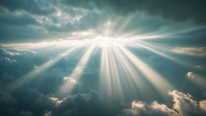 Poster - Vivid sky scene featuring sunbeams and moody cloudscape with bright sunlight