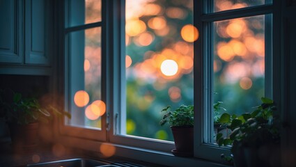 Poster - Close-up shot of a windowsill with plants in a kitchen setting