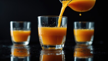 Poster - Fresh carrot juice being poured into a glass in a clean studio setting