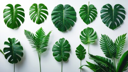 Poster - Collection of green monstera, palm, and tropical plant foliage on white background for design purposes