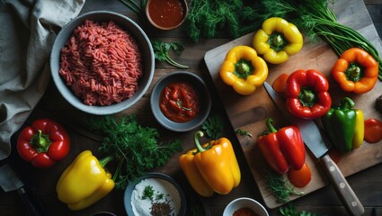 Poster - Cooking Ground Meat and Vegetable Stuffed Peppers for a Healthy Meal on Table