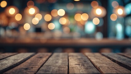 Poster - Wooden table prepared for product showcase against a soft blurred background with bokeh lighting