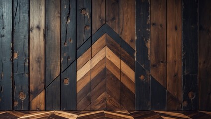 Poster - Vintage-style wood background with narrow planks, complemented by a dark brown chevron-patterned wooden floor and textured surface.