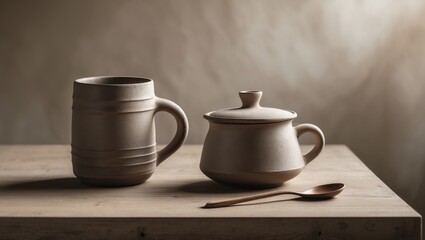 Poster - Stylish modern ceramic mug and cup setup in a minimalist interior with a neutral wooden table background