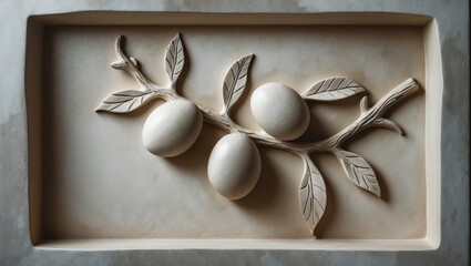 Poster - Vintage ceramic wall decor featuring olive branch motif on natural textured board