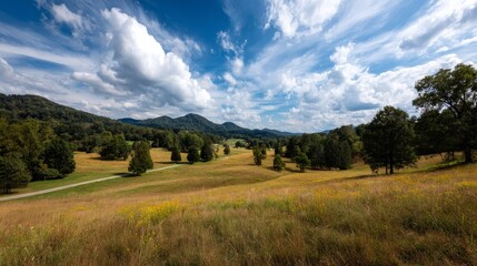 Poster - Rolling green hills covered in wildflowers stretch under a golden afternoon sky, inviting tranquility and natural beauty in the peaceful rural setting
