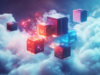 Poster - Abstract representation of digital structures amidst a cloud-filled atmosphere