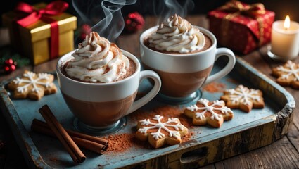 Poster - Cold Coffee Drink with Whipped Cream, Syrup, and Cinnamon on Wooden Table