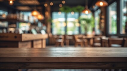 Poster - Wooden table in a cafe with a blurry, abstract background.
