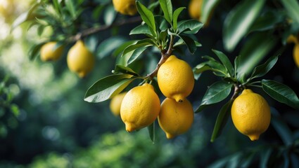 Poster - Fresh lemon fruit growing on a citrus tree branch