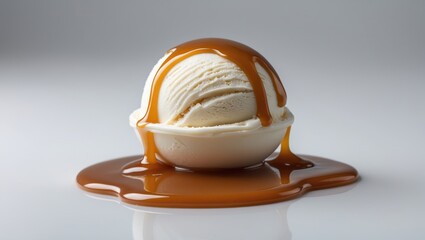 Poster - Sweet vanilla ice cream sphere drizzled with caramel syrup, isolated on a white backdrop