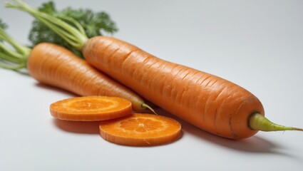 Poster - Isolated white background featuring two fresh orange carrots with slices.