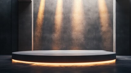 Poster - blank round concrete stage for presentation illuminated by light from top in futuristic style hall. 
