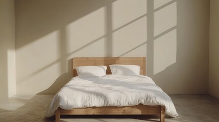 Poster - Minimalist bedroom interior design with wooden bed furniture white bedding and home accessories empty wall mockup for art gallery prints or bedroom advertising